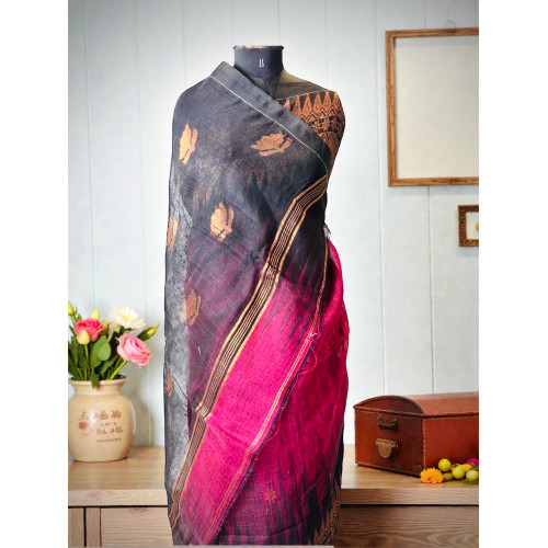 Linen Cotton Pure Handloom Saree- Pink