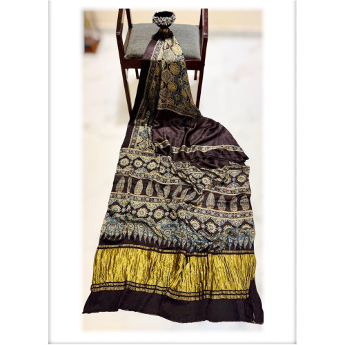 Pure Ajrakh Modal Gajji Handblock Print Saree