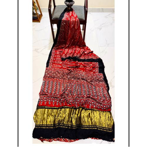 Pure Modal Handblock Ajrakh Mirror Work Saree- Red