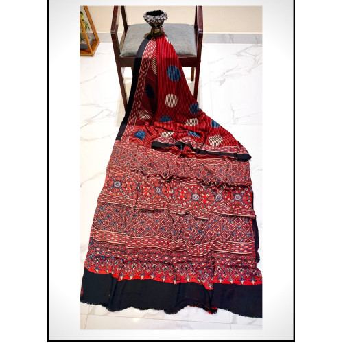 Pure Modal Silk Ajrakh Handblock print Saree- Red