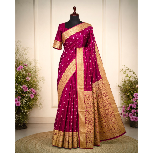 Bandhani Pure Dola Silk Banarasi Saree- Wine