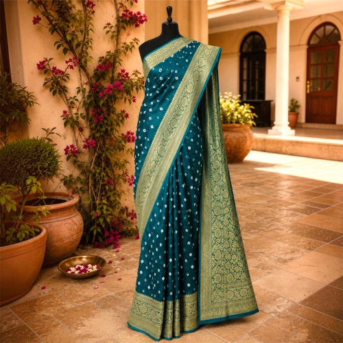Bandhani Pure Dola Silk Banarasi Saree-Peacock Green