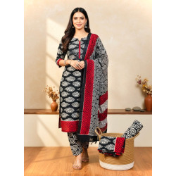 Batik Print 3PC Dress Material- Red Black