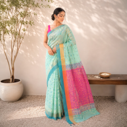 Bengal Jamadani Pure Cotton Handloom Saree- Jade Green