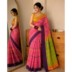 Bengal Jamadani Pure Cotton Handloom Saree- Pink