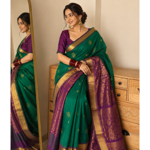 Bottle Green Pure Handloom Kancheepuram Silk Saree