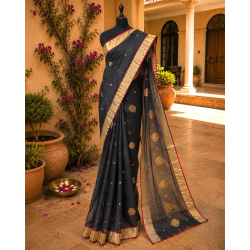 Chanderi Pure Handloom Cotton Silk Saree- Black