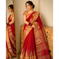 Deep Red Pure Handloom Chanderi Silk Saree with temple motif