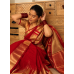 Deep Red Pure Handloom Chanderi Silk Saree with temple motif