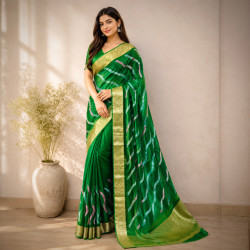 Designer Hand- Embroidered Sequins Work Pure Chinnon Silk Saree- Green