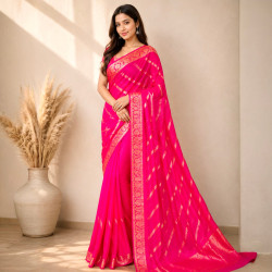 Designer Hand- Embroidered Sequins Work Pure Chinon Silk Saree- Rani Pink