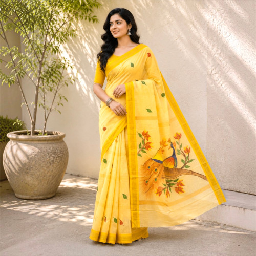 Designer Handpainted Kerala Mul Cotton Saree- Pastel Lemon Yellow