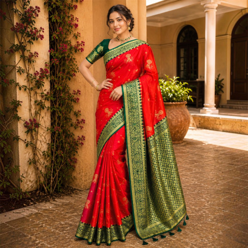 Designer Kancheepuram Hand- Embroidered Semi-Silk Saree- Red