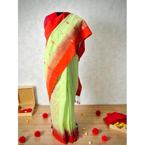 Dhakai Jamdani Pure Handloom Cotton Saree- Pista Green