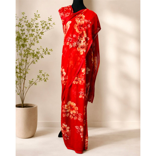 Floral Pure Chiffon Saree- Summer Edition- Red