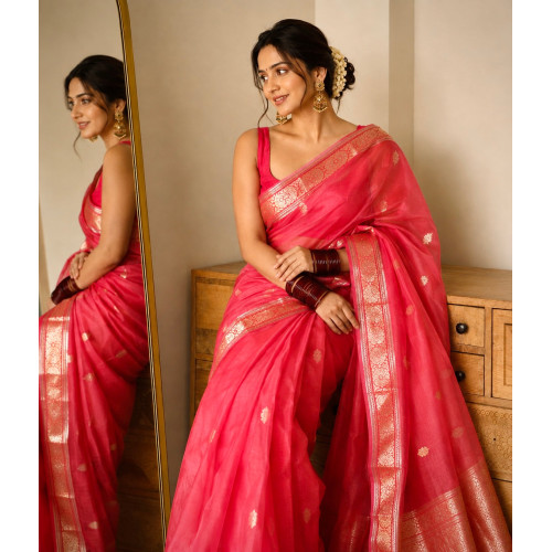Fuchsia Pink Pure Kora Handloom Banarasi Saree - Sona Roopa Alfi Kadua Boota