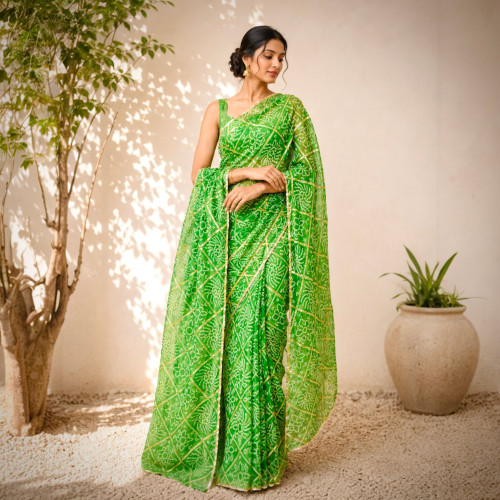 Royal Rajputi Chiffon Gotta Patti Bandhani Saree- Green