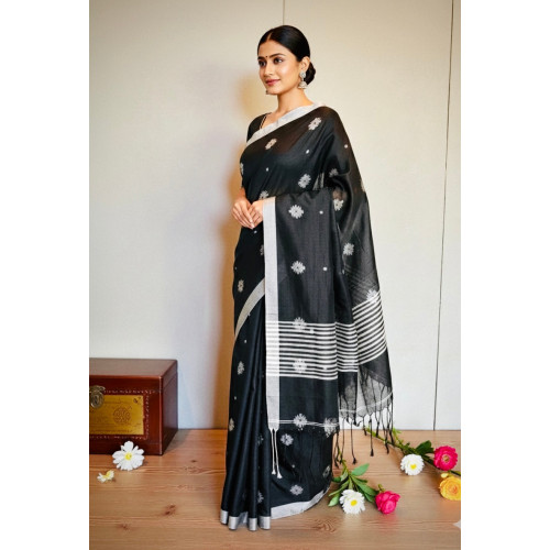 Handloom Khadi Cotton Saree- Black