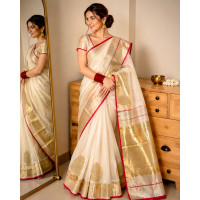 Ivory Gold Pure Handloom Chanderi Silk Saree with floral tree motif