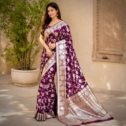 Khaddi Georgette Meenakari Jaal Work Saree- Deep Wine