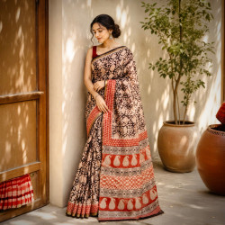 Kota Doria Pure Handloom Hand-block Print Saree- Maroon