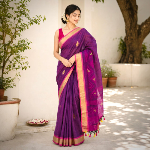 Linen Cotton Pure Handloom Saree- Wine