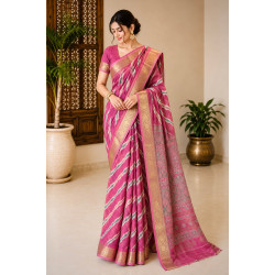 Magenta Pink Designer Pure Chiffon Banarasi Border Lehariya Saree