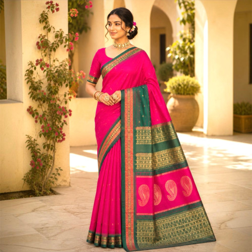 Narayan Peth Paithani Semi-Silk Saree- Pink