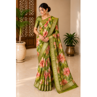 Olive Green Designer Pure Chiffon Banarasi Border Floral Saree