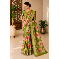 Olive Green Designer Pure Chiffon Banarasi Border Floral Saree
