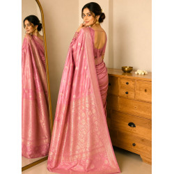 Peach Pink Pure Handloom Kadhwa Butta Mashru Katan Banarasi Saree- Silk Mark Certified