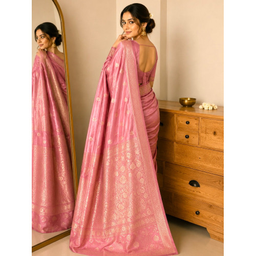 Peach Pink Pure Handloom Kadhwa Butta Mashru Katan Banarasi Saree- Silk Mark Certified
