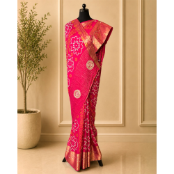Pink Bandhani Pure Russian Crepe Silk Cutdana Handwork Saree