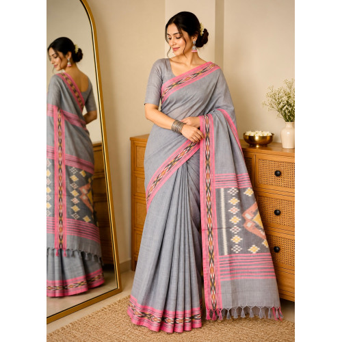 Pochampally Ikat Pure Handloom Mercerised Cotton Saree- Grey
