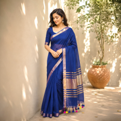 Premium Mul Cotton Handloom Saree- Royal blue
