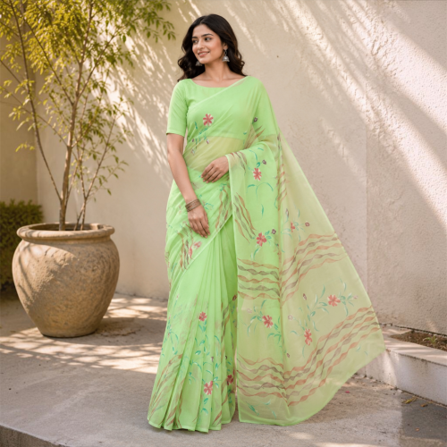 Pure Chiffon Hand Painted Saree-    Pistachio Green
