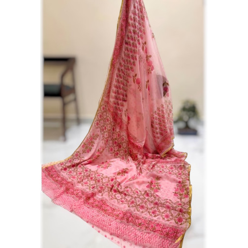 Pure Double Diamond Chiffon Handblock Print Saree- Floral Pink