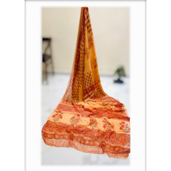 Pure Double Diamond Chiffon Handblock Print Saree- Orange