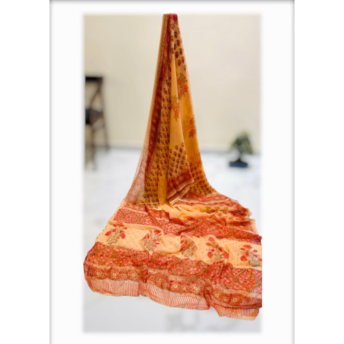 Pure Double Diamond Chiffon Handblock Print Saree- Orange