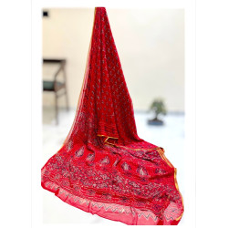 Pure Double Diamond Chiffon Handblock Print Saree- Red