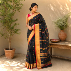 Pure Handloom Bengal Tant Cotton Saree- Black