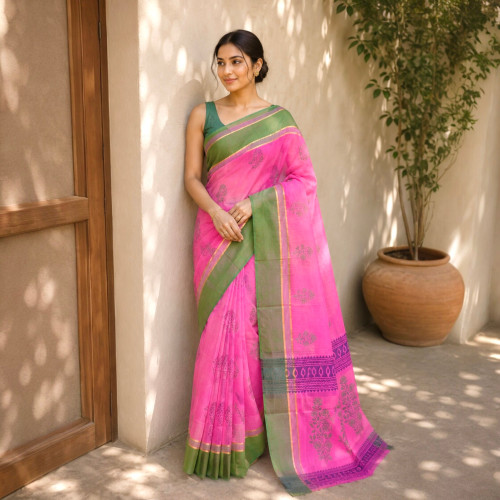 Pure Handloom Kanchi Cotton Saree- Pink