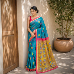 Pure Handloom Kanchi Cotton Saree- Teal