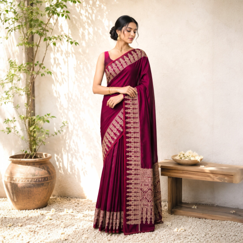 Pure Modal Silk Ajrakh Handblock Print Saree- Maroon