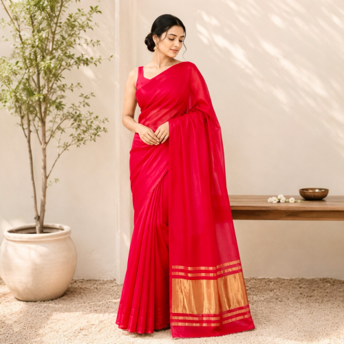 Pure Modal Silk Lagdi Patta Saree- Red