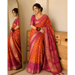 Pure Viscose Khaddi Georgette Gharchola Neemzari Saree- Orange Rani Pink