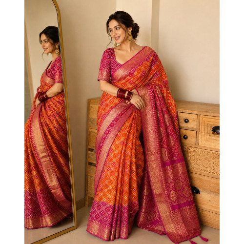 Pure Viscose Khaddi Georgette Gharchola Neemzari Saree- Orange Rani Pink