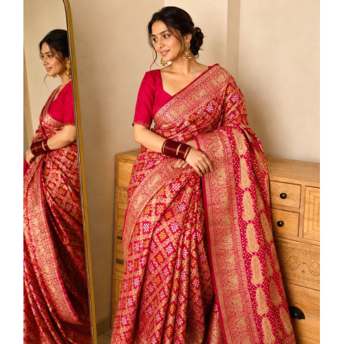 Pure Viscose Khaddi Georgette Gharchola Saree- Rani Pink