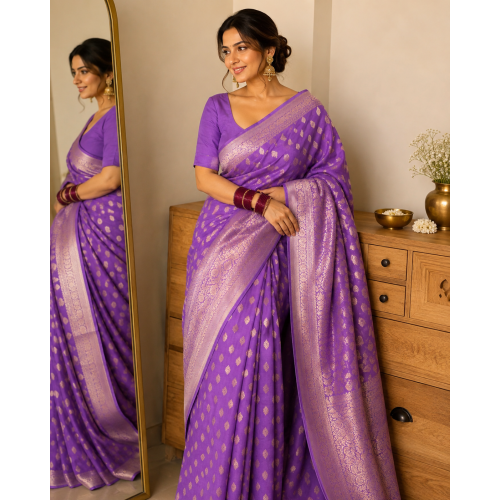 Purple Pure Handloom Khaddi Georgette Kadwa weave Banarasi Saree