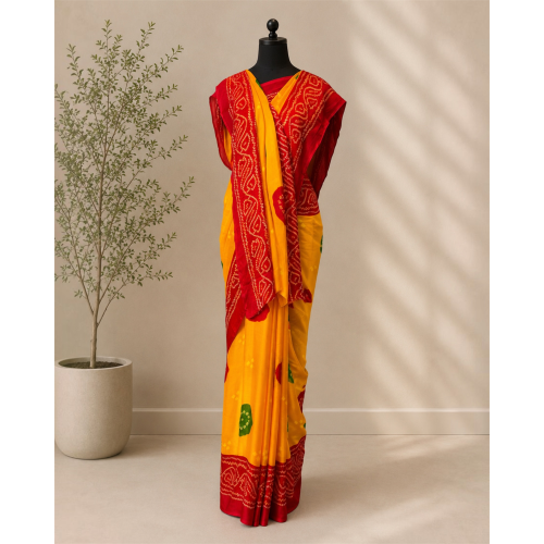 Rajputi Chiffon Bandhani Saree- Yellow
